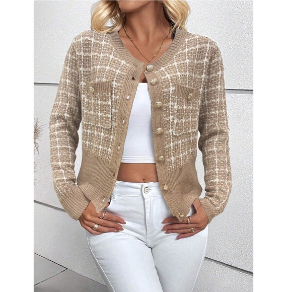 Tan Plaid Button Up Cardigan Knit Long Sleeve - Picture 5 of 7